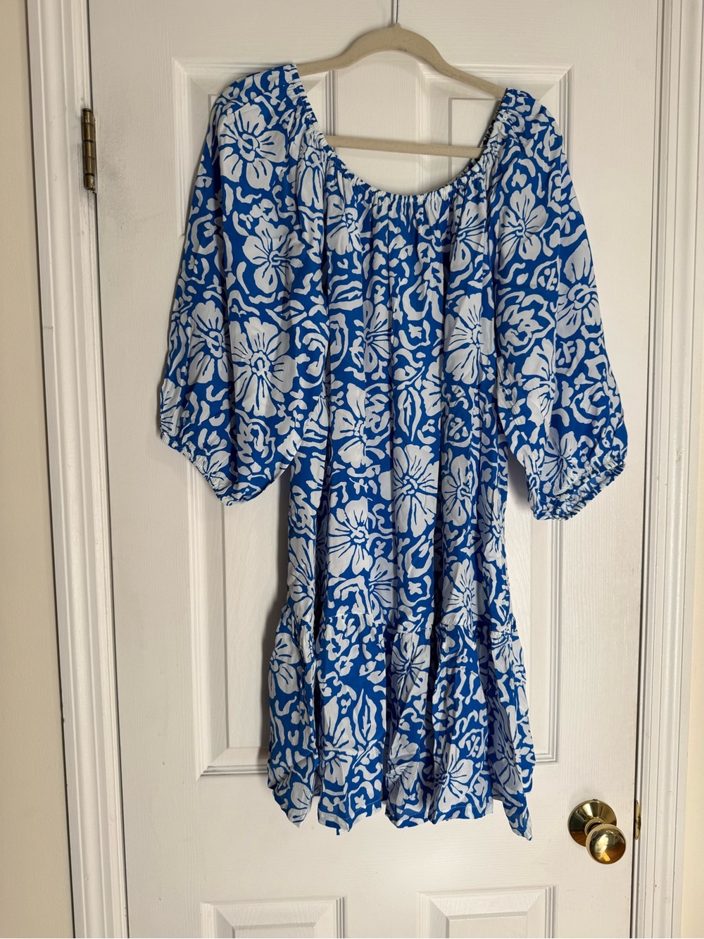 Tommy Bahama Blue and White Floral Off-Shoulder short Dress